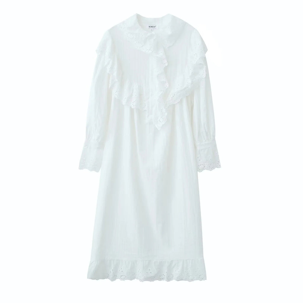 Womens Cotton Dress with Lace Collar and Long Sleeve