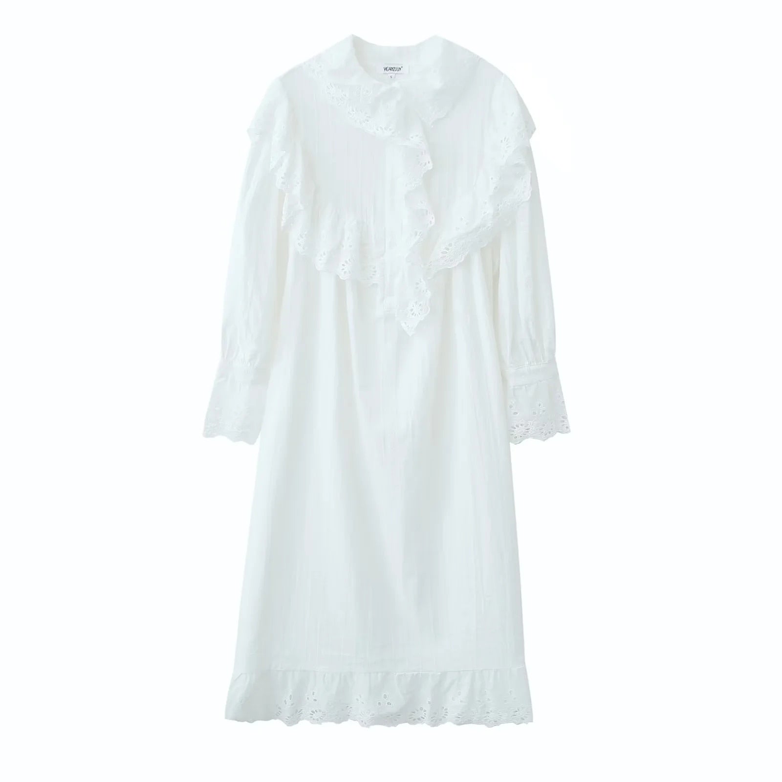 Womens Cotton Dress with Lace Collar and Long Sleeve