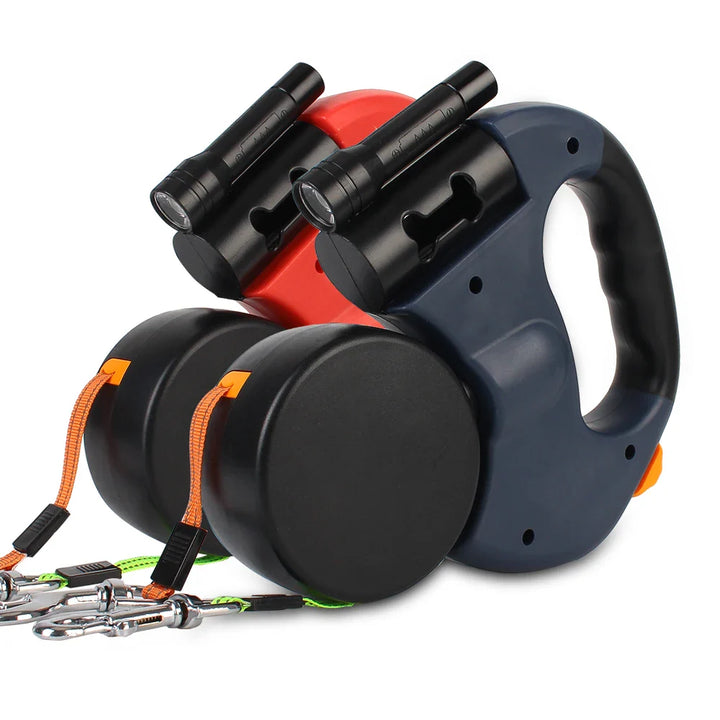 Dual Dog Leash Retractable 3m with Flashlight and Waste Bag Holder