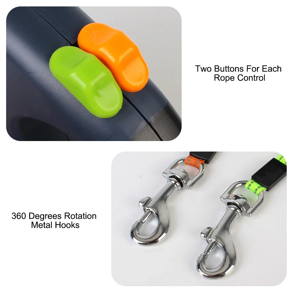 Dual Dog Leash Retractable 3m with Flashlight and Waste Bag Holder