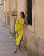 Womens One Shoulder Satin Midi Dress with Long Sleeve