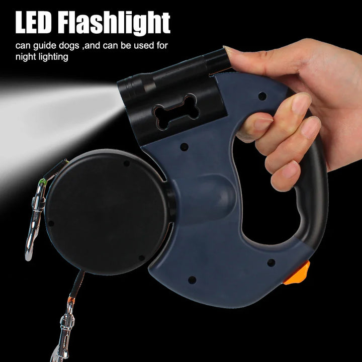 Dual Dog Leash Retractable 3m with Flashlight and Waste Bag Holder