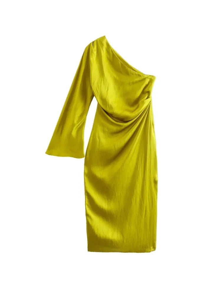 Womens One Shoulder Satin Midi Dress with Long Sleeve