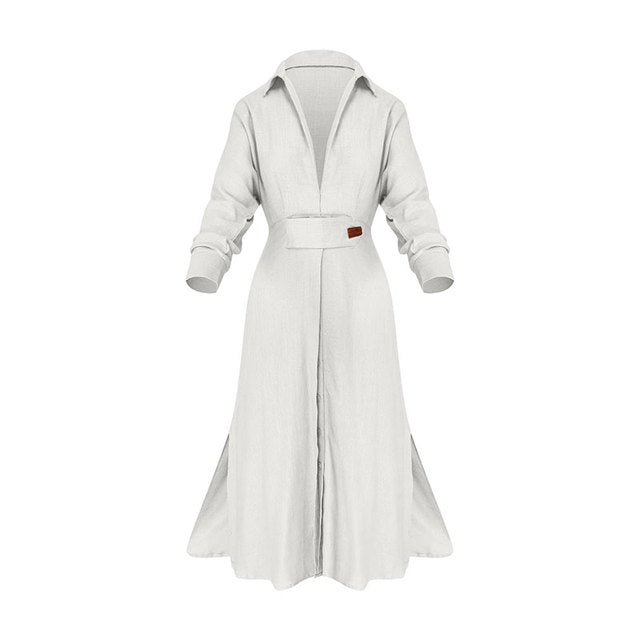 Womens Long Sleeve Midi Dress with V Neck Button