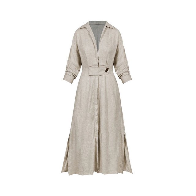 Womens Long Sleeve Midi Dress with V Neck Button