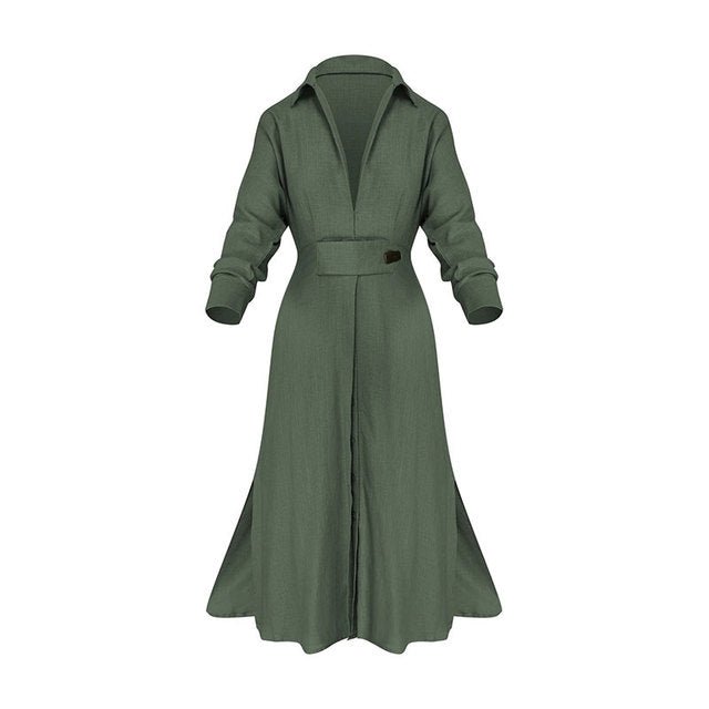 Womens Long Sleeve Midi Dress with V Neck Button