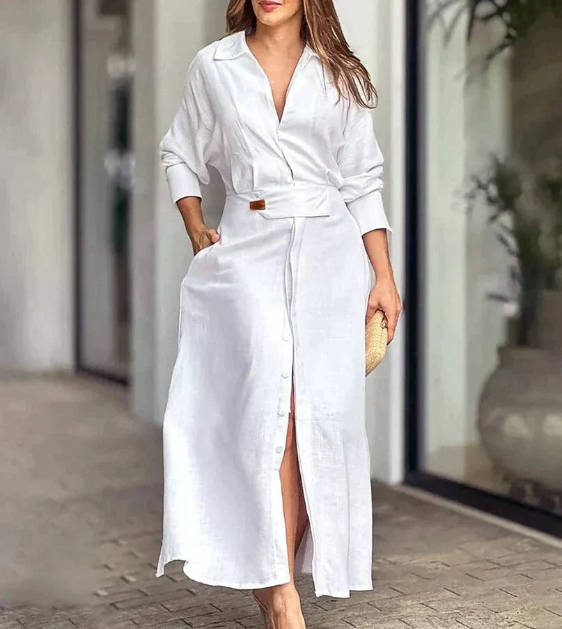 Womens Long Sleeve Midi Dress with V Neck Button