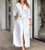 Womens Long Sleeve Midi Dress with V Neck Button