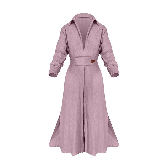 Womens Long Sleeve Midi Dress with V Neck Button